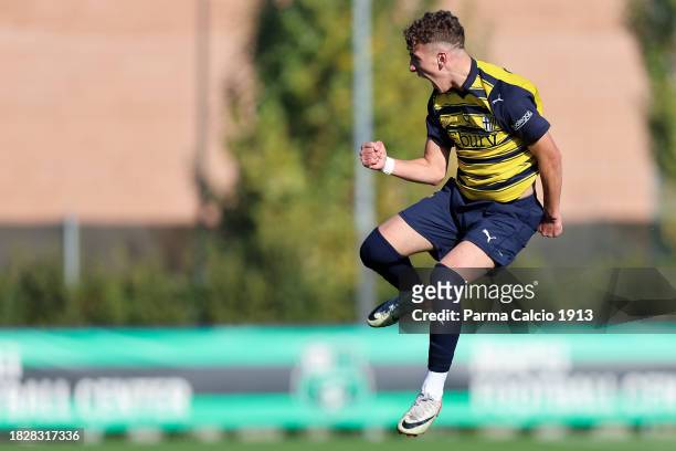 Andrea Muto of Parma Calcio 1913 celebrates after scoring his team's first goal during the match between US Sassuolo U16 and Parma Calcio U16 at...