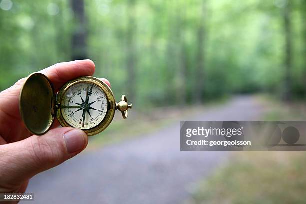 compass with blurred woods trail - north stock pictures, royalty-free photos & images