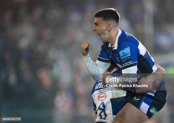 Cameron Redpath of Bath Rugby celebrates a second half try from team-mate Alfie Barbeary during the Gallagher Premiership Rugby match between Bath...