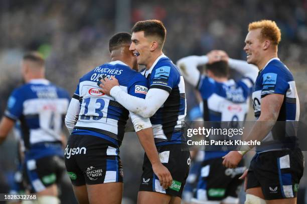 Cameron Redpath of Bath Rugby celebrates scoring the opening try of the match with team-mates during the Gallagher Premiership Rugby match between...