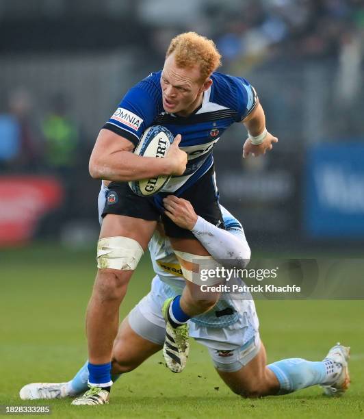 Miles Reid of Bath Rugby is tackled during the Gallagher Premiership Rugby match between Bath Rugby and Exeter Chiefs at The Recreation Ground on...