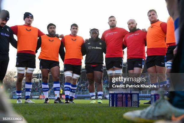 Bath Rugby players huddle together prior to the Gallagher Premiership Rugby match between Bath Rugby and Exeter Chiefs at The Recreation Ground on...