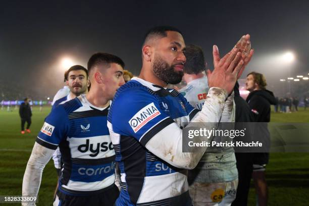 Joe Cokanasiga of Bath Rugby acknowledges the crowd after the Gallagher Premiership Rugby match between Bath Rugby and Exeter Chiefs at The...