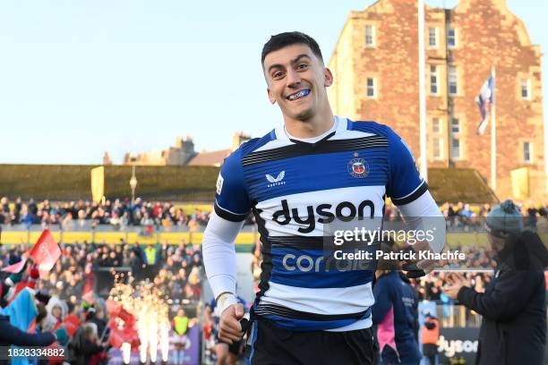 Cameron Redpath of Bath Rugby smiles for the camera as he runs onto the field prior to the Gallagher Premiership Rugby match between Bath Rugby and...