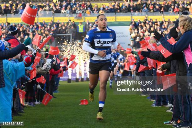 Max Ojomoh of Bath Rugby runs onto the field prior to the Gallagher Premiership Rugby match between Bath Rugby and Exeter Chiefs at The Recreation...