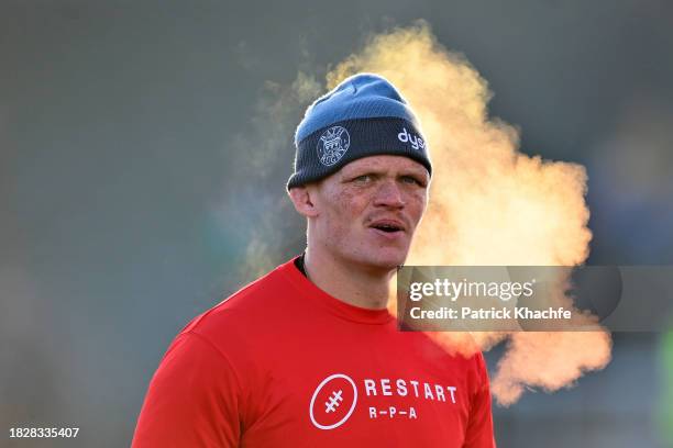 Steam swirls around Miles Reid of Bath Rugby prior to the Gallagher Premiership Rugby match between Bath Rugby and Exeter Chiefs at The Recreation...