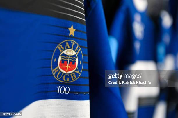 General view of the Bath Rugby emblem on a matchday jersey hung up in the changing rooms prior to the Gallagher Premiership Rugby match between Bath...