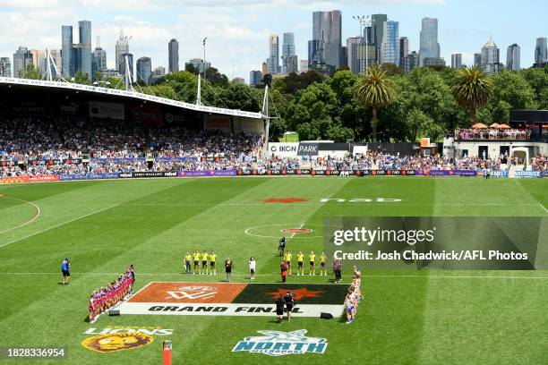 General view as Vera Blue performs the national anthem during the AFLW Grand Final match between North Melbourne Tasmania Kangaroos and Brisbane...