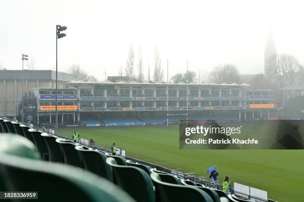 General view of the Recreation Ground pitch during a misty afternoon prior to the Gallagher Premiership Rugby match between Bath Rugby and Exeter...