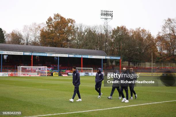 Stockport County players inspect the pitch prior to the Emirates FA Cup Second Round match between Aldershot Town and Stockport County at The...
