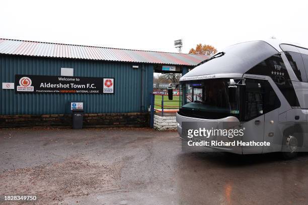 Team bus arrives at the stadium prior to the Emirates FA Cup Second Round match between Aldershot Town and Stockport County at The Electrical...