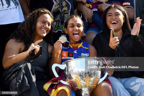 Courtney Hodder of the Lions celebrates after winning the AFLW Grand Final match between North Melbourne Tasmania Kangaroos and Brisbane Lions at...
