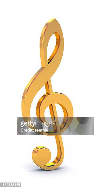 shiny, golden treble clef free-standing symbol on white - treble clef stock pictures, royalty-free photos & images