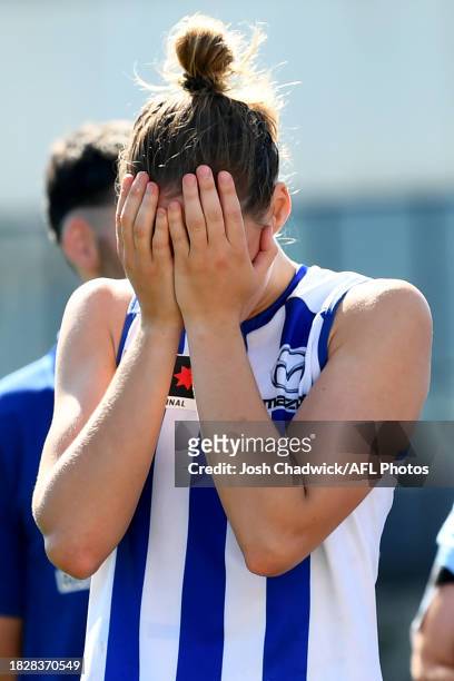 Kim Rennie of the Kangaroos looks dejected after losing the AFLW Grand Final match between North Melbourne Tasmania Kangaroos and Brisbane Lions at...
