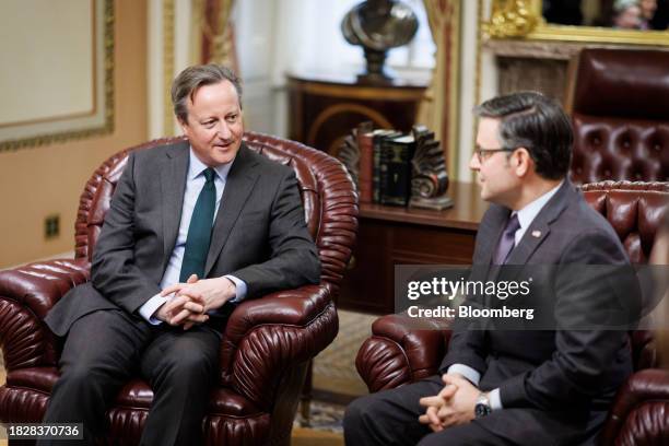 House Speaker Mike Johnson, a Republican from Louisiana, right, meets David Cameron, UK foreign secretary, on Capitol Hill in Washington, DC, US, on...