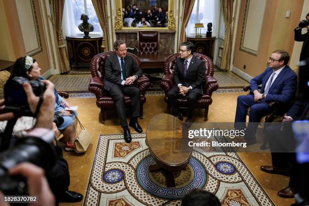 House Speaker Mike Johnson, a Republican from Louisiana, right, meets David Cameron, UK foreign secretary, on Capitol Hill in Washington, DC, US, on...