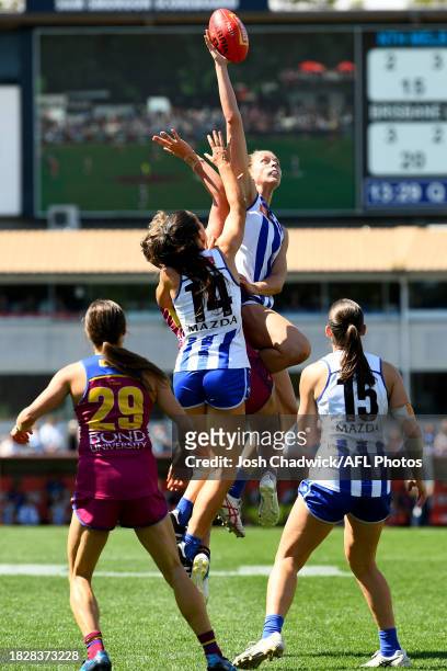 Kim Rennie of the Kangaroos competes in the ruck during the AFLW Grand Final match between North Melbourne Tasmania Kangaroos and Brisbane Lions at...