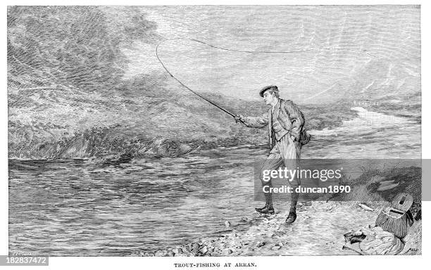 trout fishing at arran - trout fishing stock illustrations