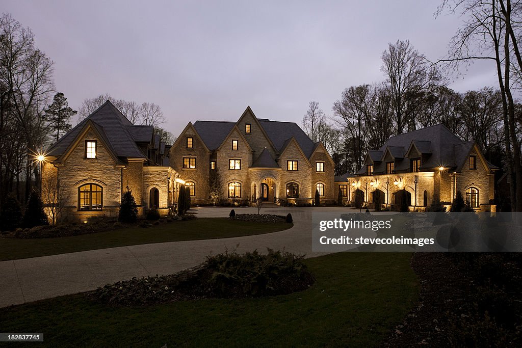 Front View of a Mansion at Dusk