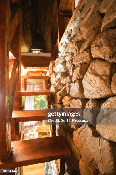 stairs to the second floor in a wooden house - second floor home stock pictures, royalty-free photos & images
