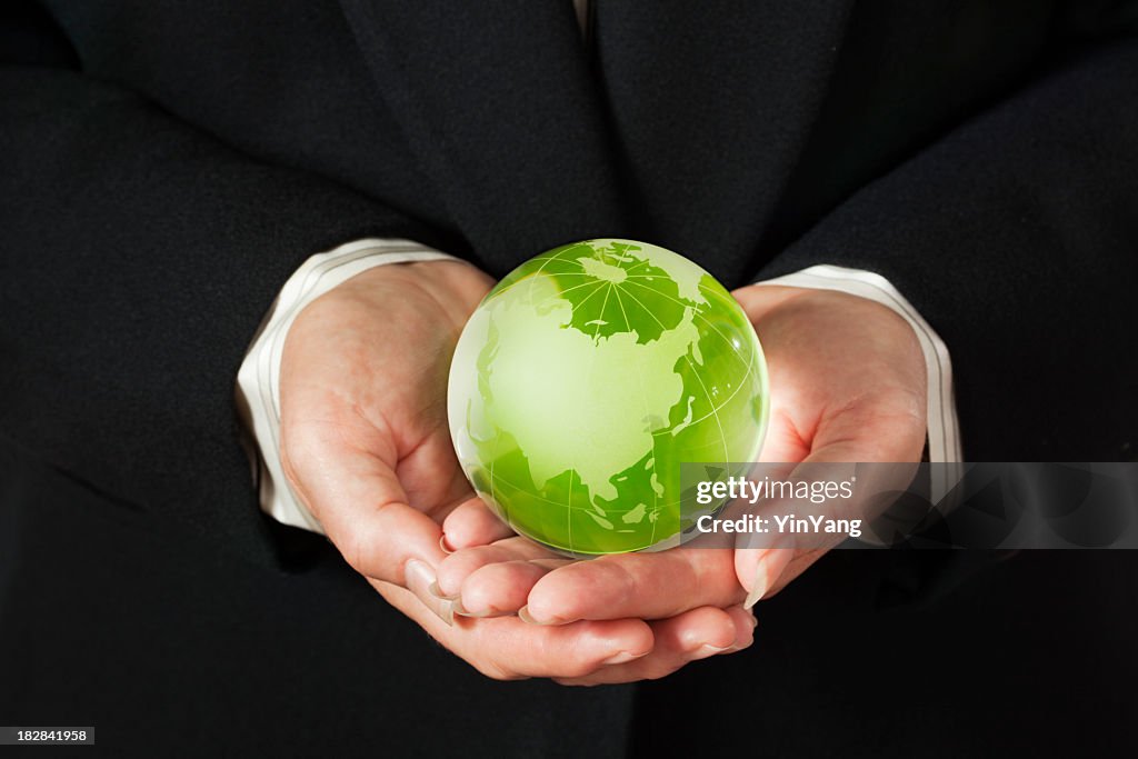 Corporate Business Hands Holding Earth Friendly Green World Globe—Asia