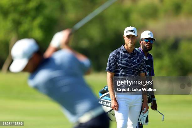 Jesper Svensson of Sweden looks on prior to his second shot on the 18th hole during day four of the Investec South African Open Championship at Blair...