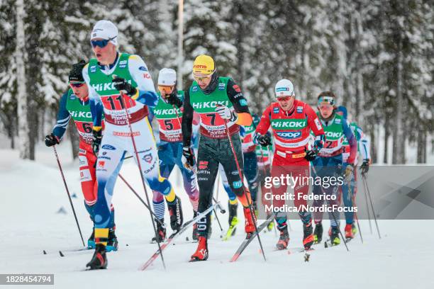 Alvar Myhlback of Sweden, Janosch Brugger of Germany, Michal Novak of Czech Republic leading the group after the start of the relay on December 3,...