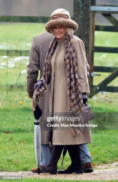 King Charles III and Queen Camilla depart after attending the Advent Sunday service at the Church of St Mary Magdalene on the Sandringham estate on...