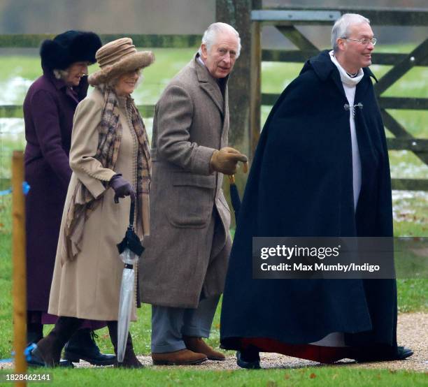 King Charles III and Queen Camilla accompanied by The Reverend Canon Dr Paul Williams as they attend the Advent Sunday service at the Church of St...