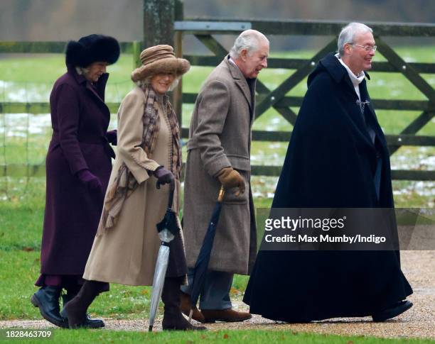 King Charles III and Queen Camilla accompanied by The Reverend Canon Dr Paul Williams as they attend the Advent Sunday service at the Church of St...