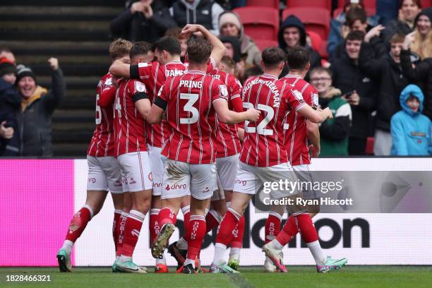 Jason Knight of Bristol City celebrates with teammates after scoring the team's first goal during the Sky Bet Championship match between Bristol City...