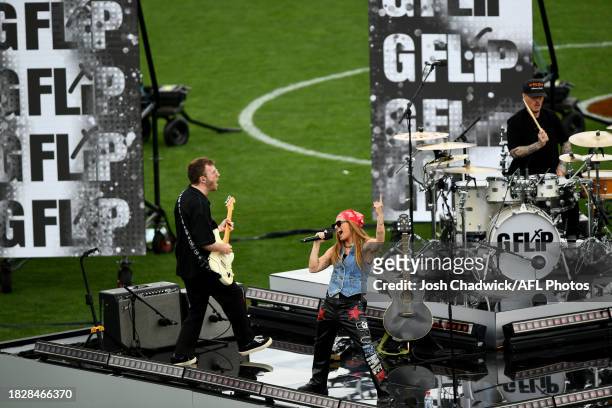 Flip performs prior to the AFLW Grand Final match between North Melbourne Tasmania Kangaroos and Brisbane Lions at Ikon Park, on December 03 in...