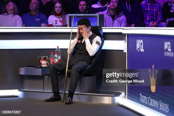 Ding Junhui of China reacts against Ronnie O'Sullivan of England in their Final match on Day Nine of the MrQ UK Snooker Championship 2023 at York...