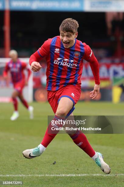 Josh Stokes of Aldershot Town scores the team's first goal during the Emirates FA Cup Second Round match between Aldershot Town and Stockport County...