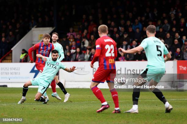 Josh Stokes of Aldershot Town scores the team's first goal during the Emirates FA Cup Second Round match between Aldershot Town and Stockport County...