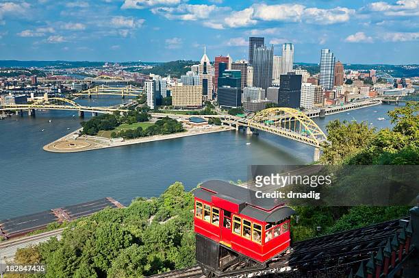 pittsburgh, pennsylvania and duquesne incline with bright red cablecar - pittsburgh stock pictures, royalty-free photos & images