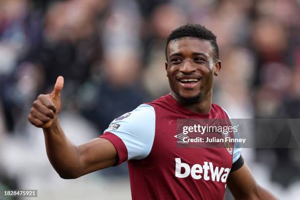 Mohammed Kudus of West Ham United celebrates after scoring the team's first goal during the Premier League match between West Ham United and Crystal...