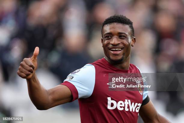 Mohammed Kudus of West Ham United celebrates after scoring the team's first goal during the Premier League match between West Ham United and Crystal...