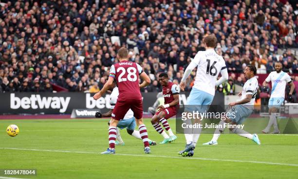 Mohammed Kudus of West Ham United scores the team's first goal during the Premier League match between West Ham United and Crystal Palace at London...