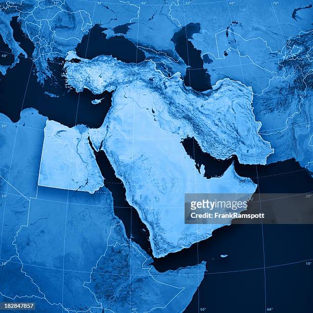 topographic mapa de oriente próximo - gulf countries fotografías e imágenes de stock
