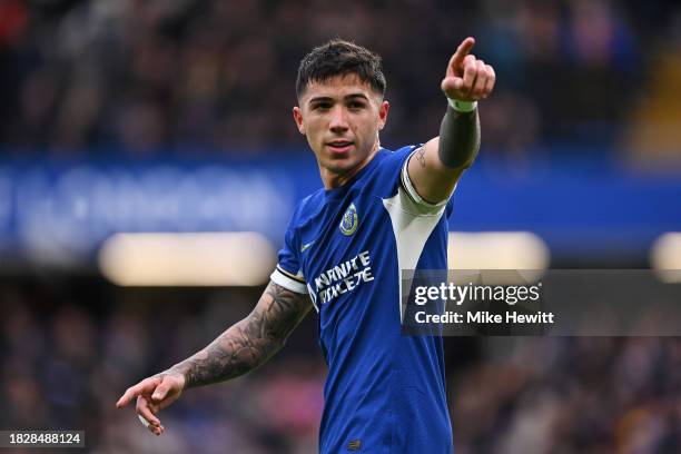 Enzo Fernandez of Chelsea celebrates after scoring the team's first goal during the Premier League match between Chelsea FC and Brighton & Hove...