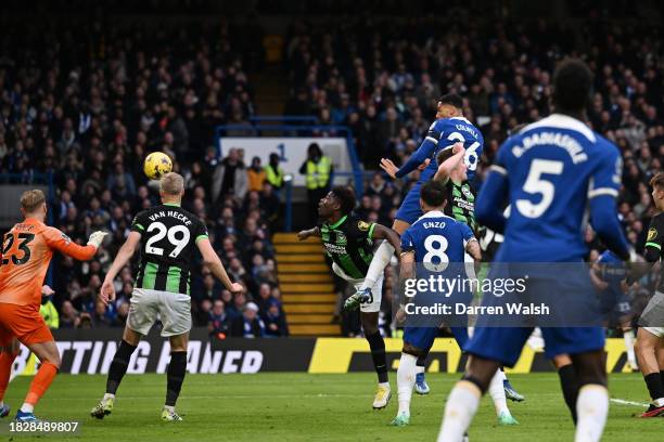 Levi Colwill of Chelsea scores the team's second goal during the Premier League match between Chelsea FC and Brighton & Hove Albion at Stamford...