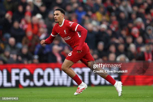 Trent Alexander-Arnold of Liverpool celebrates after scoring the team's first goal during the Premier League match between Liverpool FC and Fulham FC...