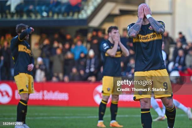 Manuel Schaeffler of Dresden looks dejected during the 3. Liga match between SC Verl and Dynamo Dresden at SPORTCLUB Arena on December 03, 2023 in...