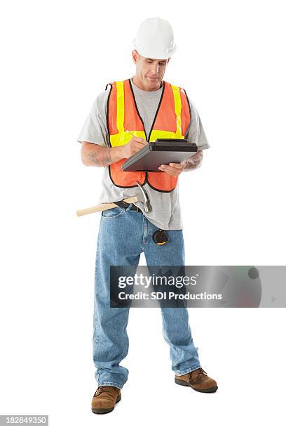 construction worker writing notes, full body isolated on white - man full body isolated stock pictures, royalty-free photos & images