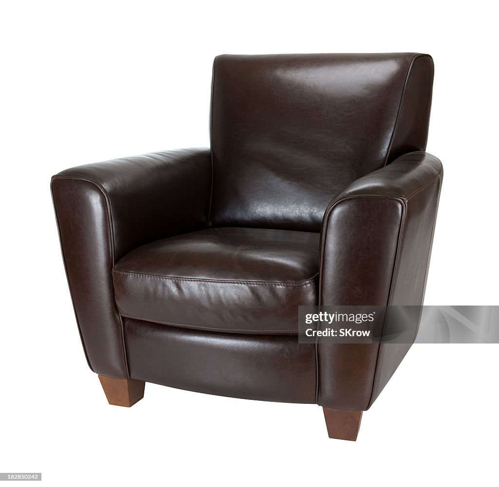 Classic dark brown leather armchair photograph advertisement