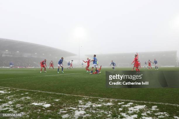 General view of play showing the weather conditions during the Emirates FA Cup Second Round match between Chesterfield and Leyton Orient at Technique...