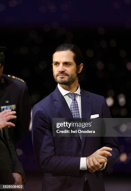 Prince Carl Philip of Sweden presents award "Prince Carl Philip's Prize" during Sweden International Horse Show 2023 at Friends Arena on December 03,...