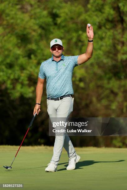 Dean Burmester of South Africa celebrates winning on the 18th green during day four of the Investec South African Open Championship at Blair Atholl...