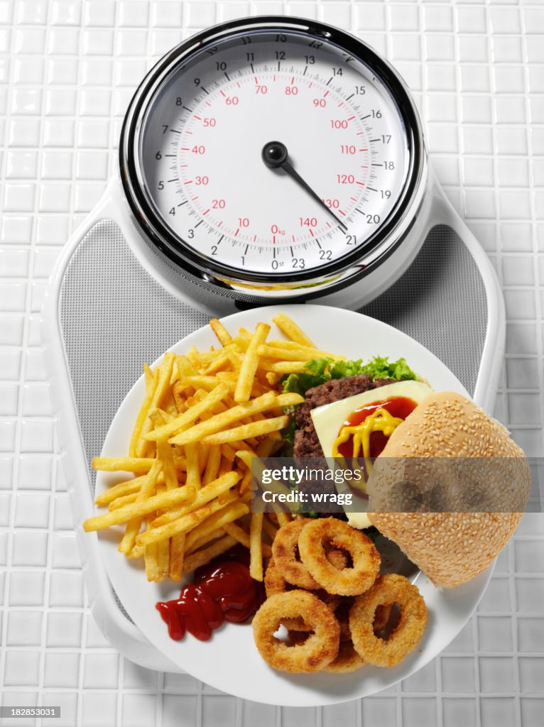 Ungesunde Ernährung auf Waage im Badezimmer